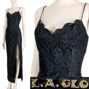 7/8 Vintage 00s LA GLO Black Lace Slinky Leg Slit Cocktail Maxi Dress 90s Y2K